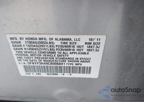 2012 Honda Pilot Ex from USA, damaged, VIN 5FNYF3H49CB006041